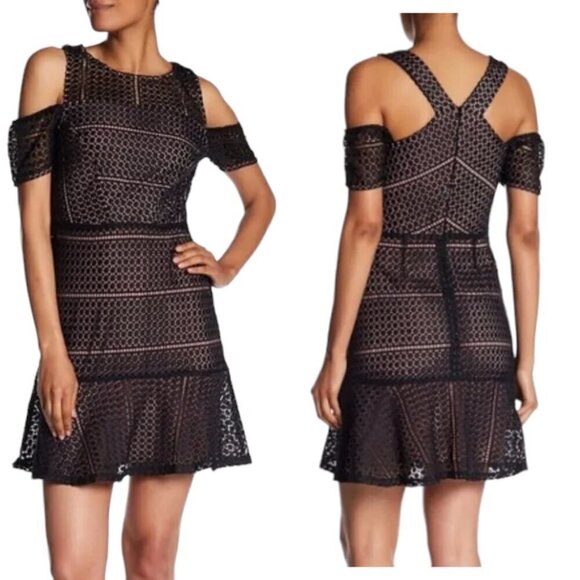 ABS Dress Size 4 Open Shoulder Black/Pink Crochet Illusion fit & flare Party - Picture 1 of 9